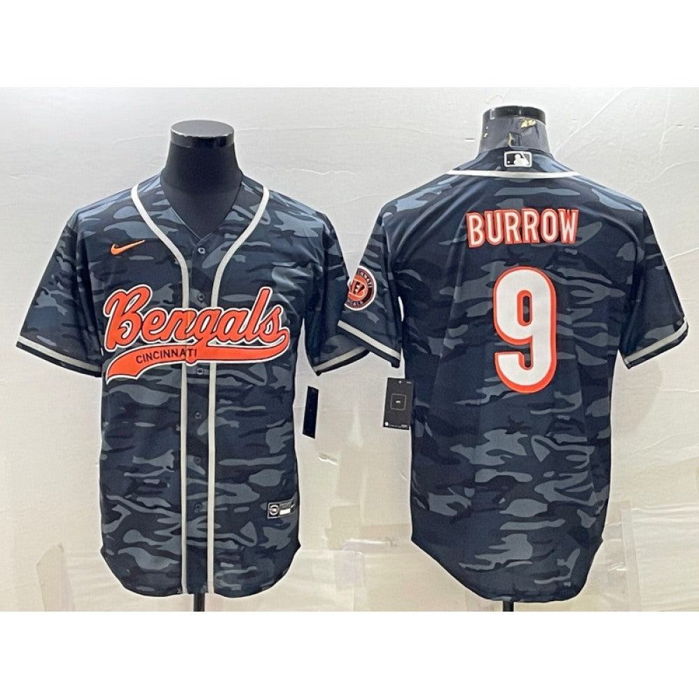 Men's Cincinnati Bengals #9 Joe Burrow Grey Camo With Patch Cool Base Stitched Baseball Jersey 