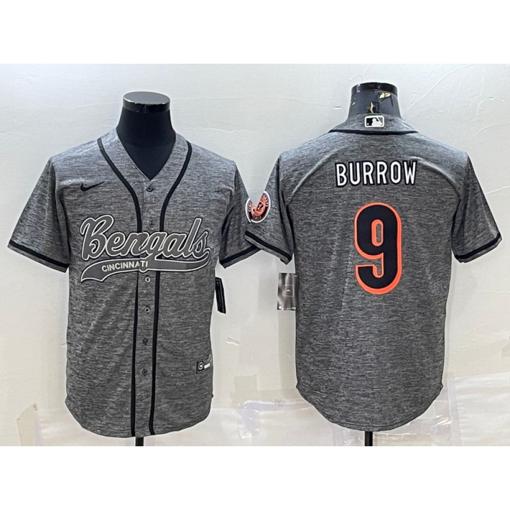 Men's Cincinnati Bengals #9 Joe Burrow Grey With Patch Cool Base Stitched Baseball Jersey 