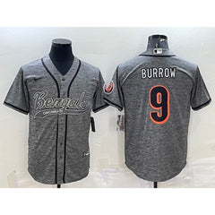 Men's Cincinnati Bengals #9 Joe Burrow Grey With Patch Cool Base Stitched Baseball Jersey 