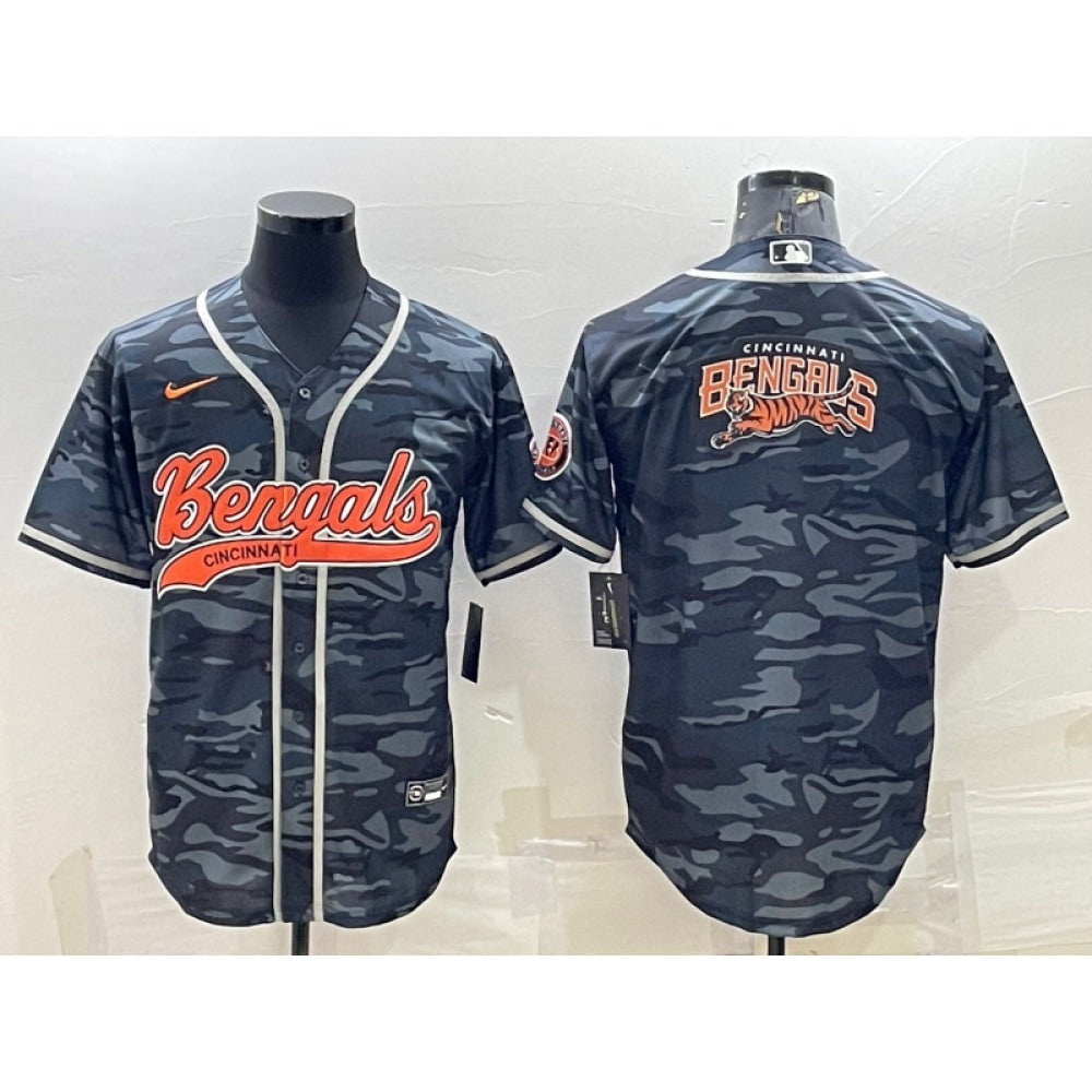 Men's Cincinnati Bengals Grey Camo Team Big Logo With Patch Cool Base Stitched Baseball Jersey 