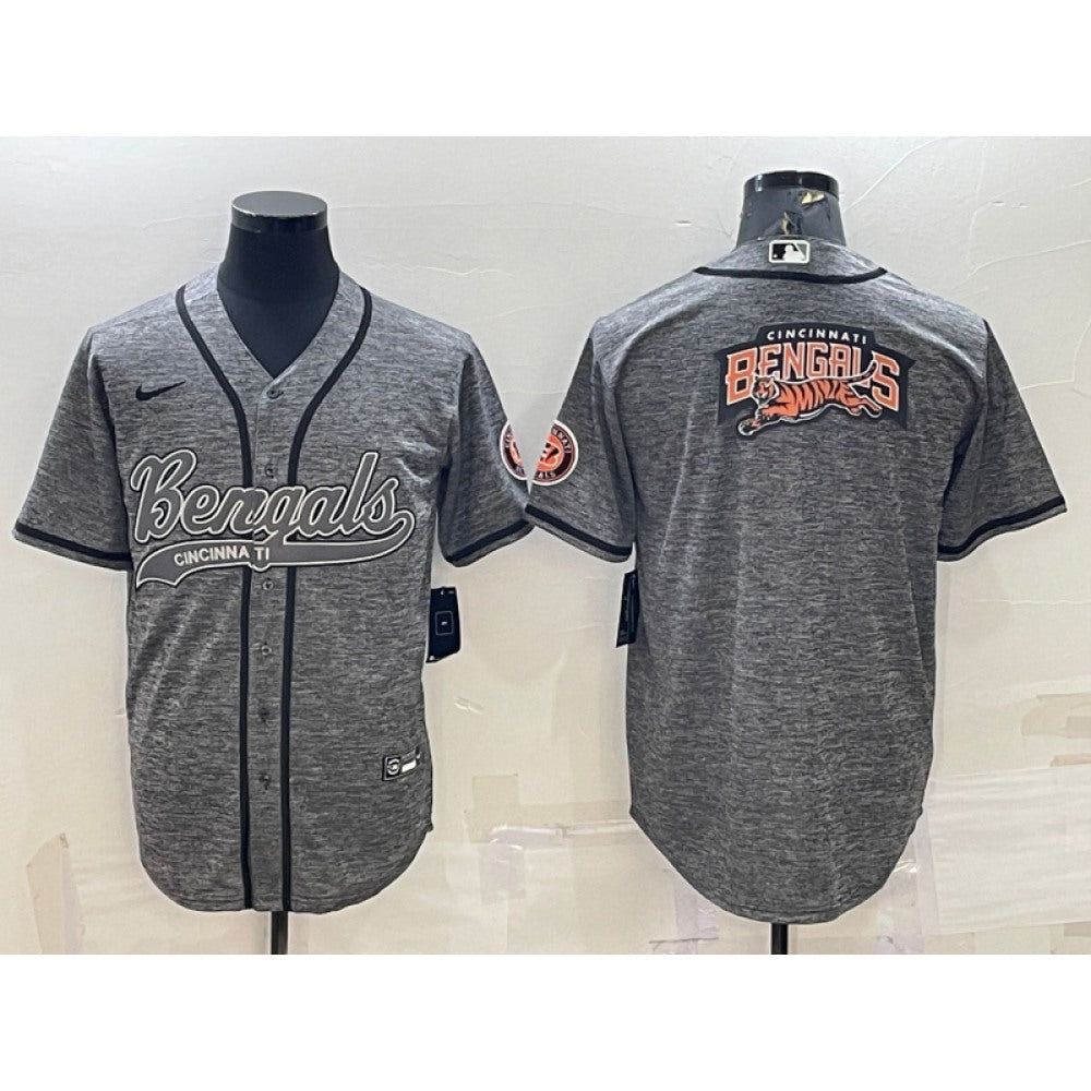 Men's Cincinnati Bengals Grey Team Big Logo With Patch Cool Base Stitched Baseball Jersey 