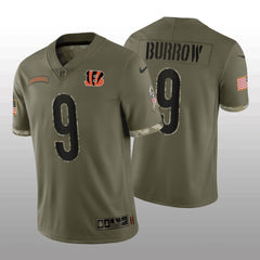 Men's Cincinnati Bengals #9 Joe Burrow Olive 2022 Salute To Service Limited Stitched Jersey 