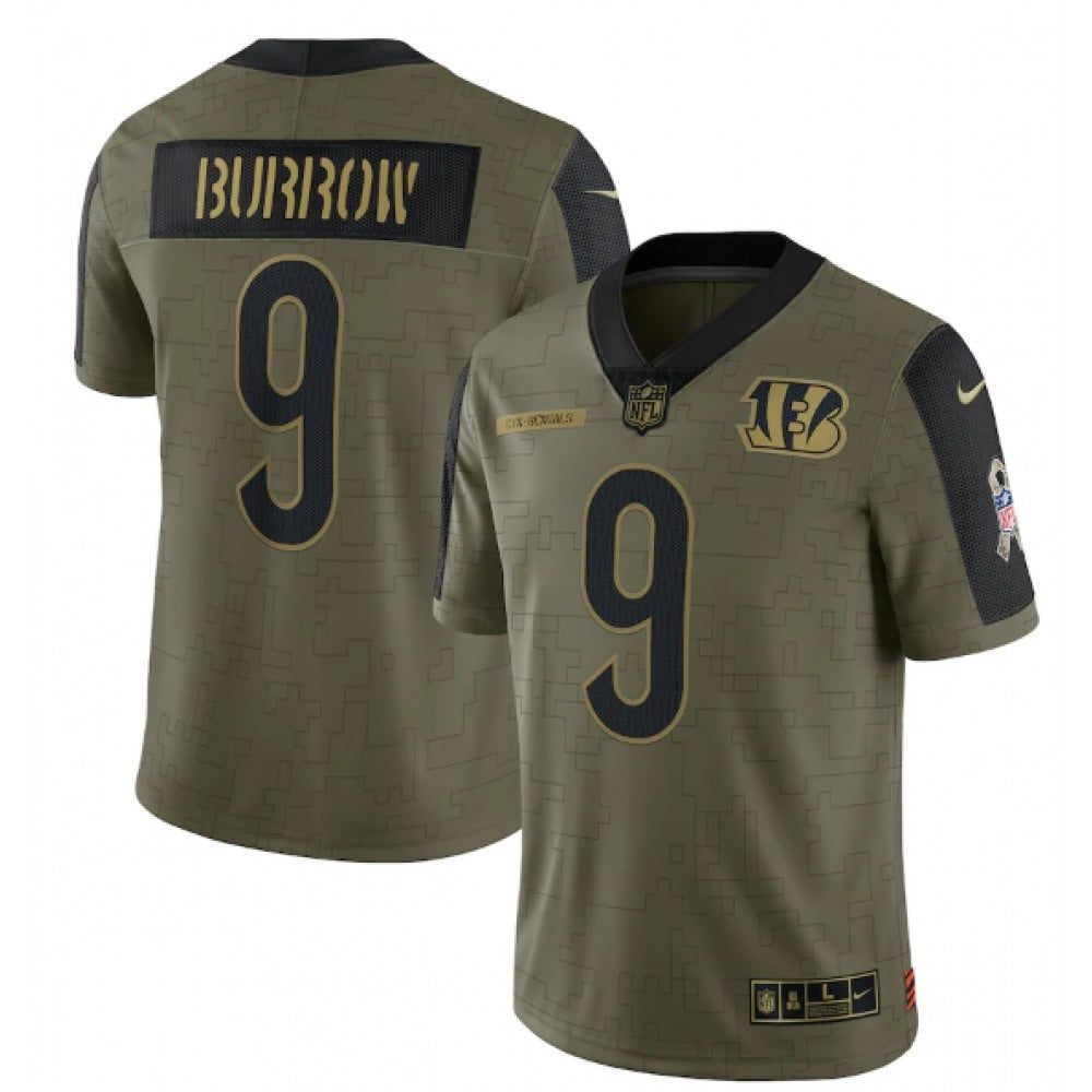 Men's Cincinnati Bengals #9 Joe Burrow 2021 Olive Salute To Service Limited Stitched Jersey 