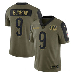 Men's Cincinnati Bengals #9 Joe Burrow 2021 Olive Salute To Service Limited Stitched Jersey 