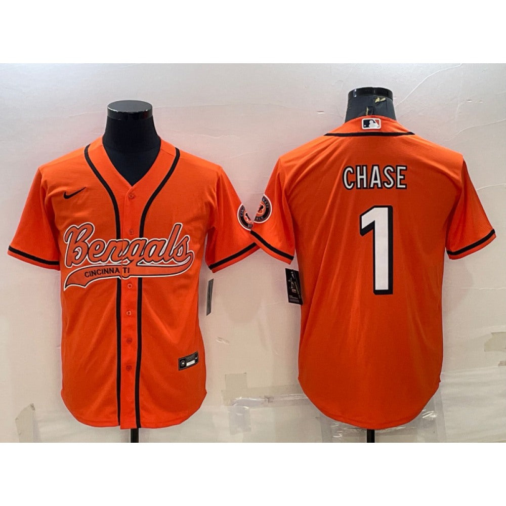 Men's Cincinnati Bengals #1 Ja'Marr Chase Orange With Patch Cool Base Stitched Baseball Jersey 