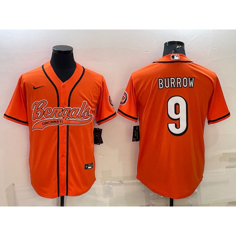 Men's Cincinnati Bengals #9 Joe Burrow Orange With Patch Cool Base Stitched Baseball Jersey 