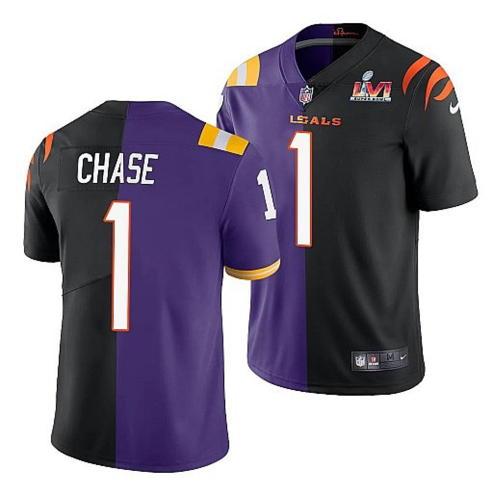 Men's Cincinnati Bengals #1 Ja'Marr Chase 2022 Purple/Black Split Super Bowl LVI Stitched Jersey 