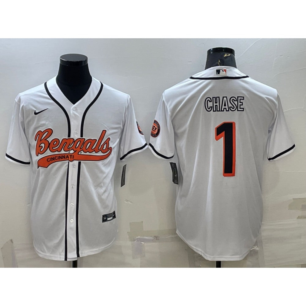Men's Cincinnati Bengals #1 Ja'Marr Chase White With Patch Cool Base Stitched Baseball Jersey 