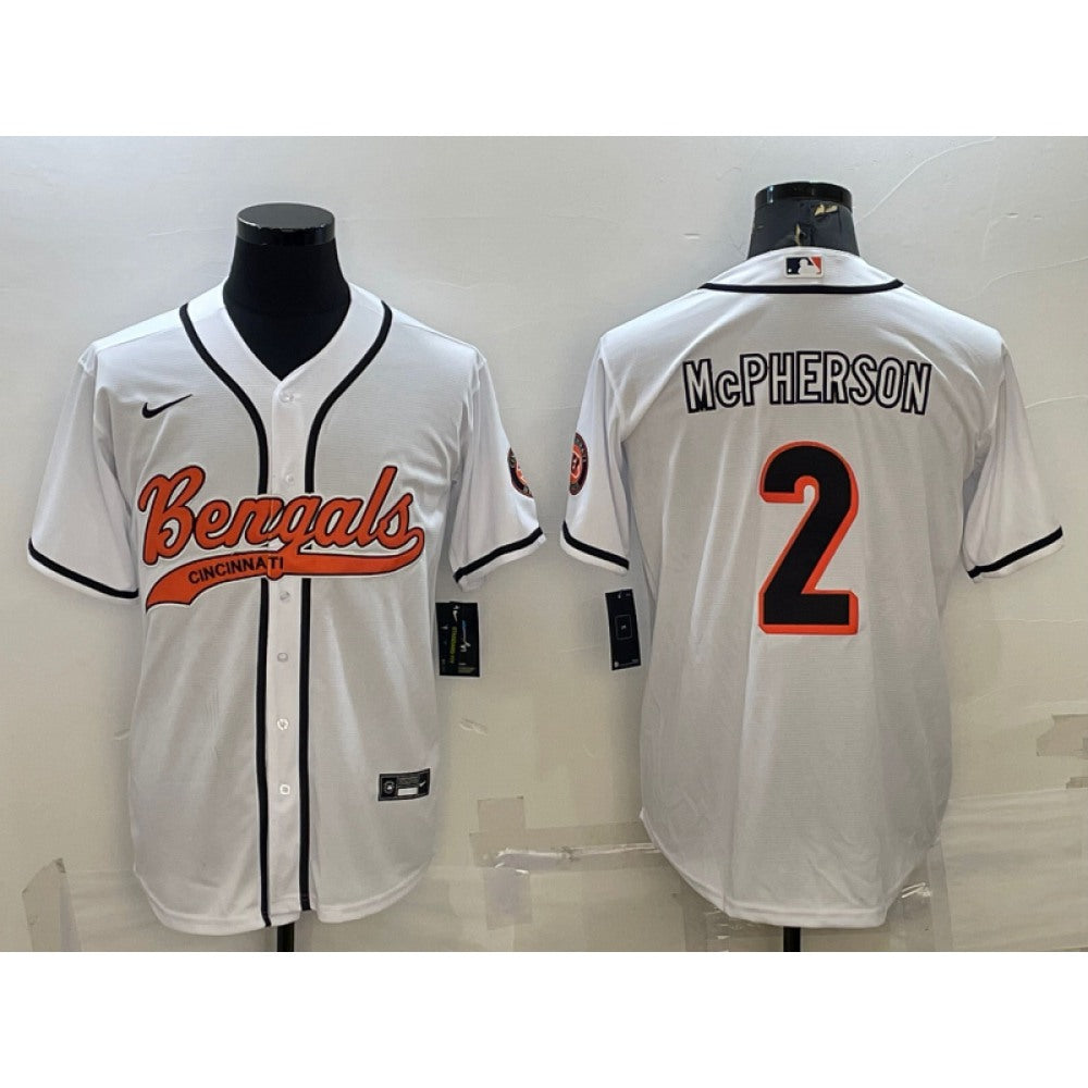 Men's Cincinnati Bengals #2 Evan McPherson White With Patch Cool Base Stitched Baseball Jersey 