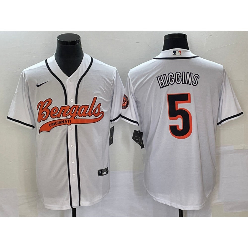 Men's Cincinnati Bengals #5 Tee Higgins White With Patch Cool Base Stitched Baseball Jersey 