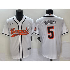 Men's Cincinnati Bengals #5 Tee Higgins White With Patch Cool Base Stitched Baseball Jersey 