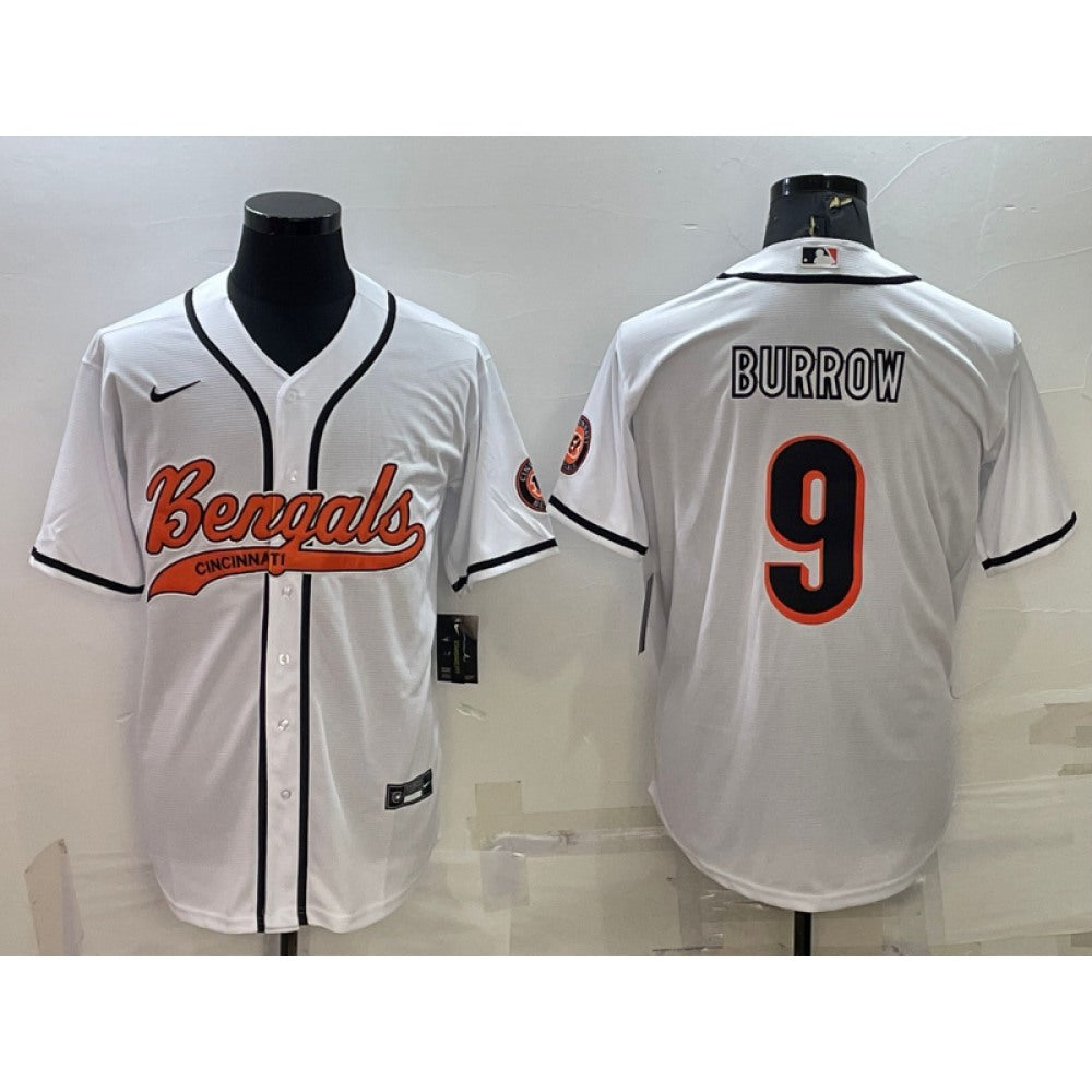 Men's Cincinnati Bengals #9 Joe Burrow White With Patch Cool Base Stitched Baseball Jersey 