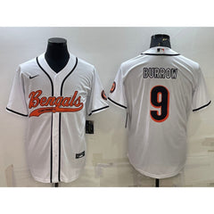 Men's Cincinnati Bengals #9 Joe Burrow White With Patch Cool Base Stitched Baseball Jersey 