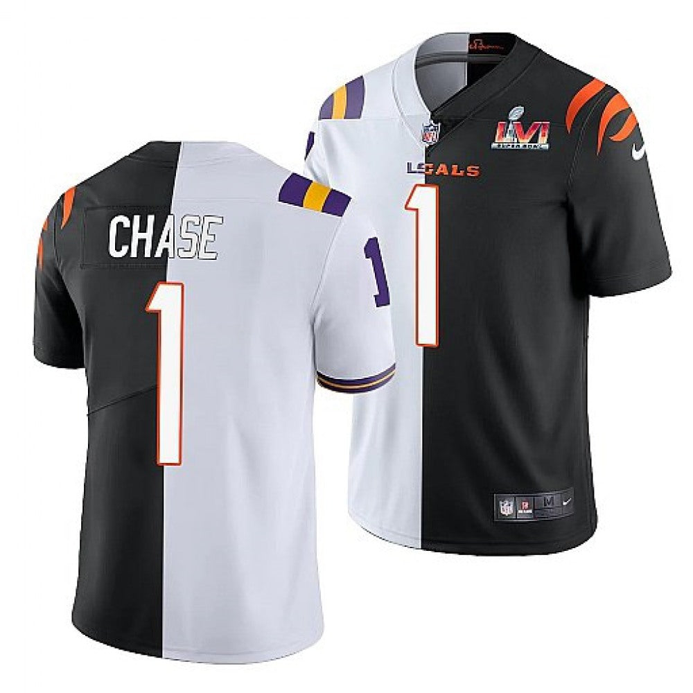 Men's Cincinnati Bengals #1 Ja'Marr Chase 2022 White/Black Split Super Bowl LVI Stitched Jersey 
