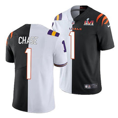Men's Cincinnati Bengals #1 Ja'Marr Chase 2022 White/Black Split Super Bowl LVI Stitched Jersey 