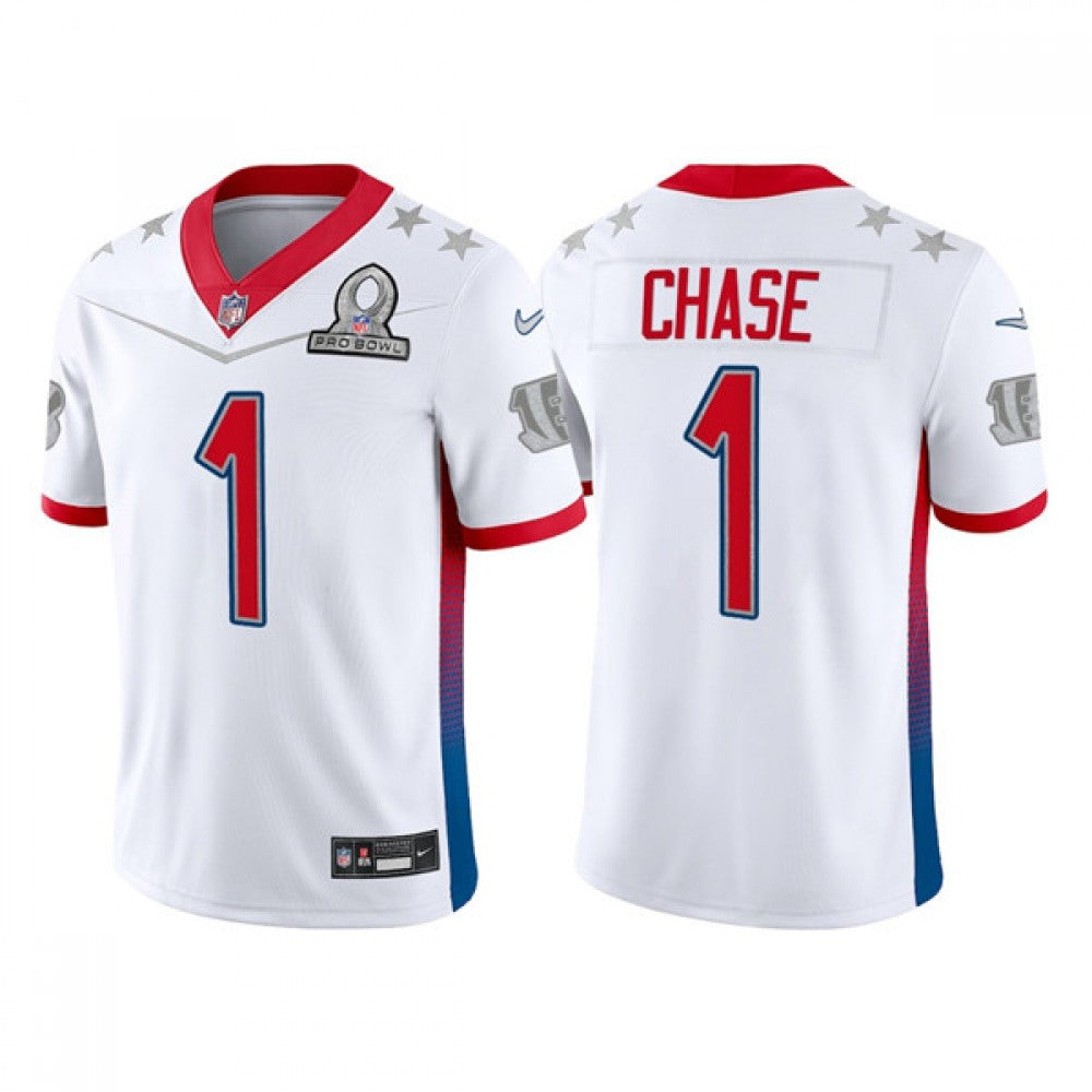 Men's Cincinnati Bengals #1 Ja'Marr Chase 2022 White AFC Pro Bowl Stitched Jersey 