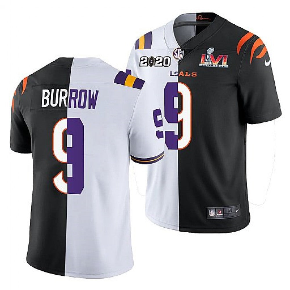 Men's Cincinnati Bengals X LSU Tigers #9 Joe Burrow 2022 White/Black Split Super Bowl LVI Stitched Jersey 