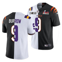 Men's Cincinnati Bengals X LSU Tigers #9 Joe Burrow 2022 White/Black Split Super Bowl LVI Stitched Jersey 