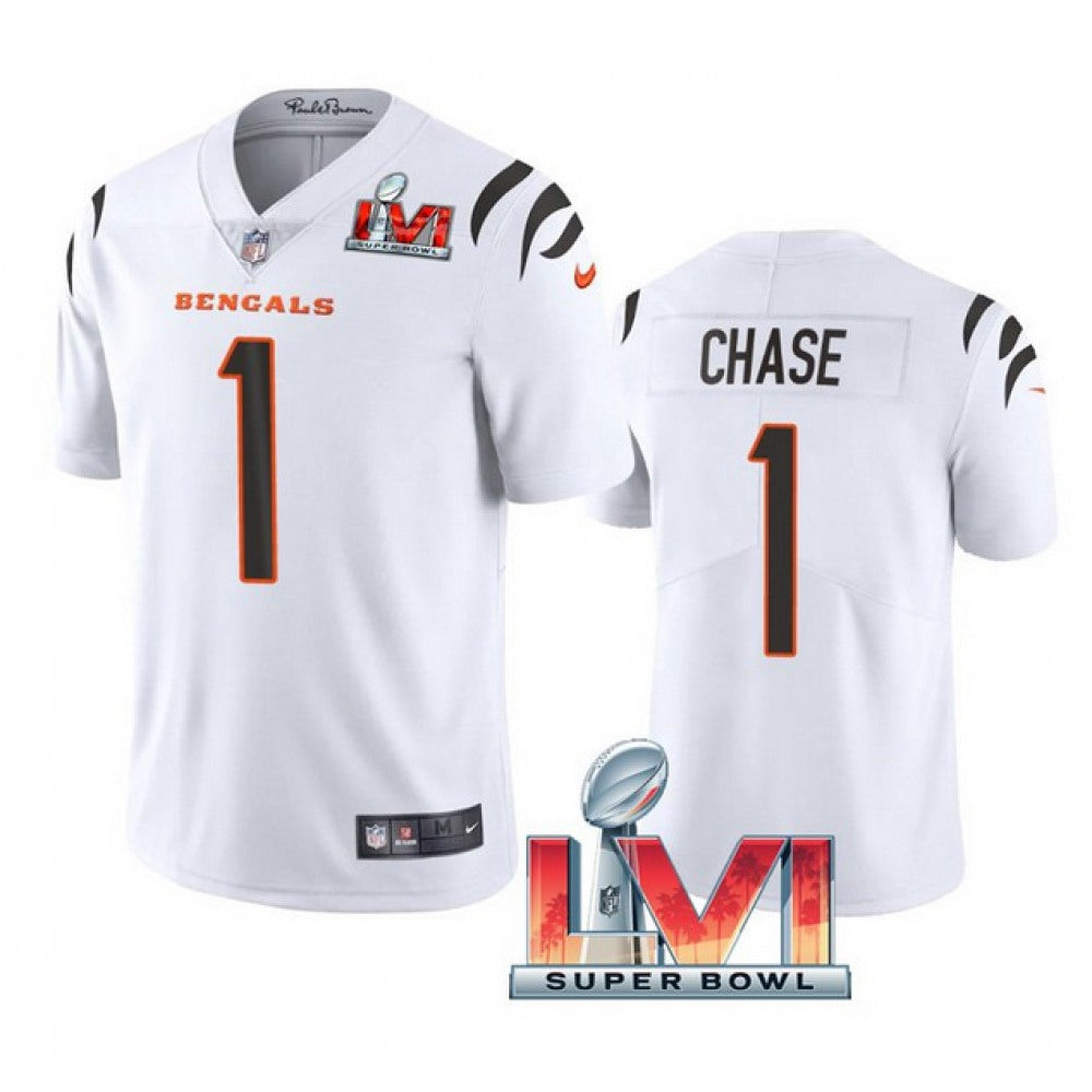 Men's Cincinnati Bengals #1 Ja'Marr Chase 2022 White Super Bowl LVI Vapor Limited Stitched Jersey 
