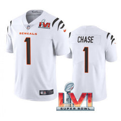 Men's Cincinnati Bengals #1 Ja'Marr Chase 2022 White Super Bowl LVI Vapor Limited Stitched Jersey 