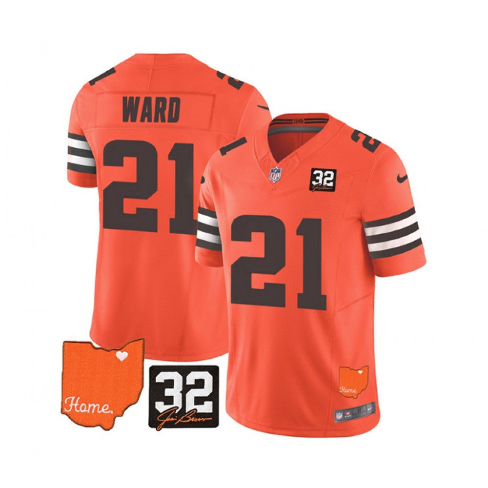 Men's Cleveland Browns #21 Denzel Ward Orange 2023 F.U.S.E. With Jim Brown Memorial Patch Vapor Untouchable Limited Stitched Jersey 