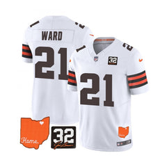 Men's Cleveland Browns #21 Denzel Ward White 2023 F.U.S.E. With Jim Brown Memorial Patch Vapor Untouchable Limited Stitched Jersey 
