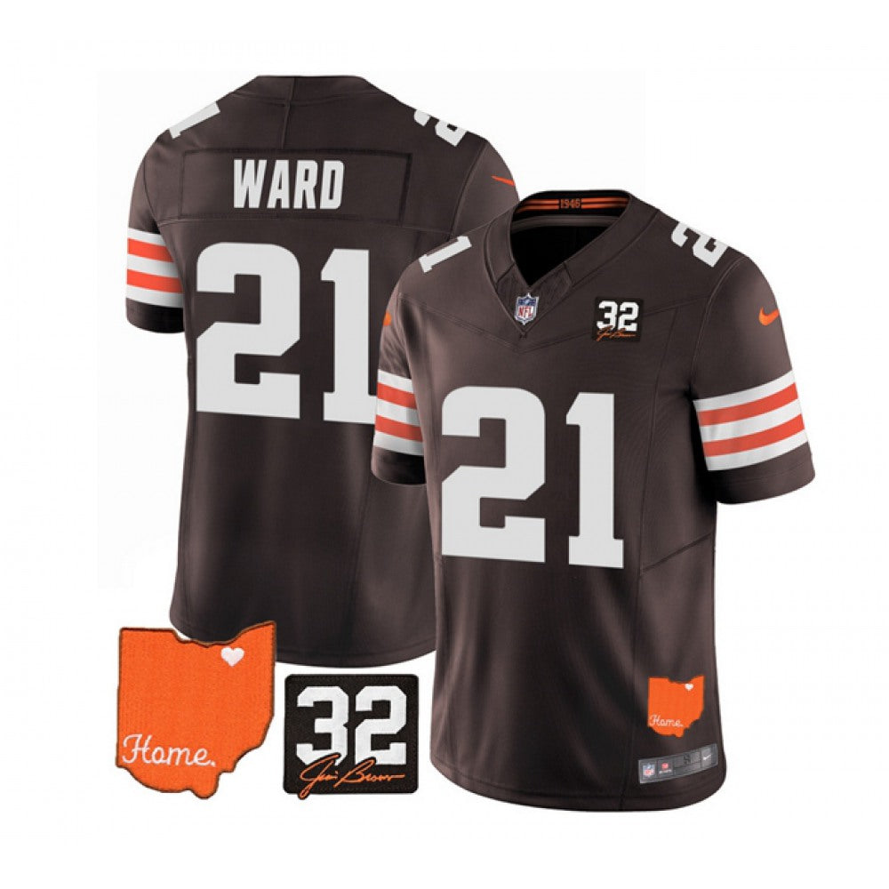 Men's Cleveland Browns #21 Denzel Ward Brown 2023 F.U.S.E. With Jim Brown Memorial Patch Vapor Untouchable Limited Stitched Jersey 
