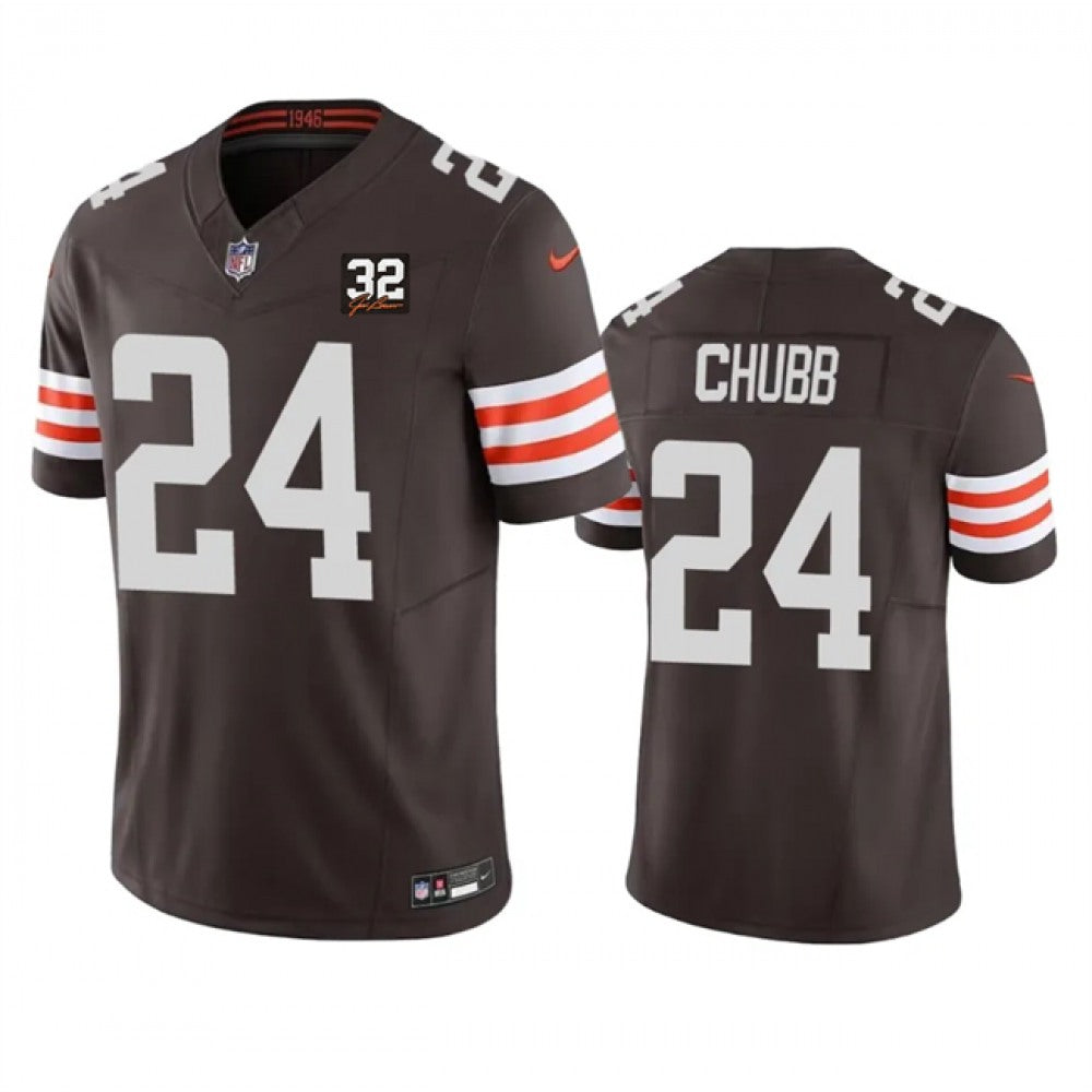 Men's Cleveland Browns #24 Nick Chubb Brown 2023 F.U.S.E. With Jim Brown Memorial Patch Vapor Untouchable Limited Stitched Jersey 