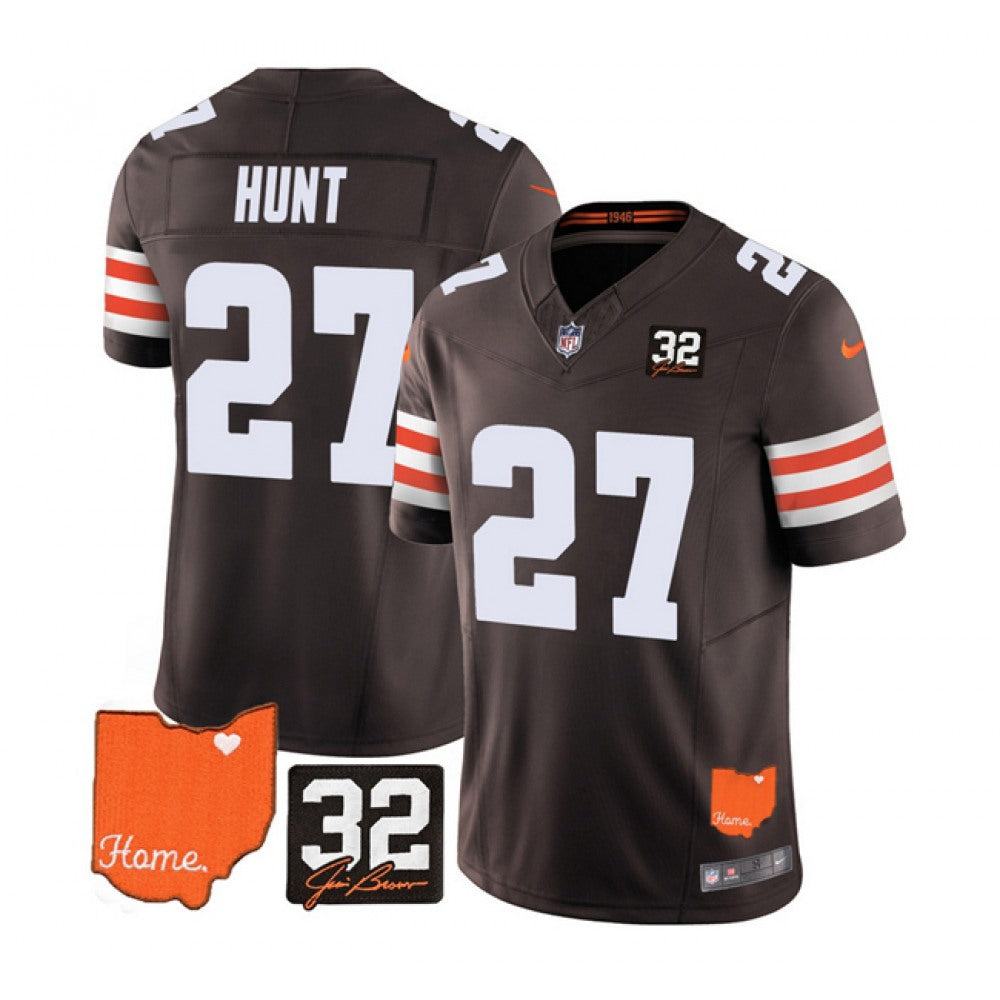 Men's Cleveland Browns #27 Kareem Hunt Brown 2023 F.U.S.E. With Jim Brown Memorial Patch Vapor Untouchable Limited Stitched Jersey 