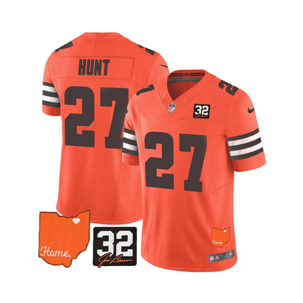 Men's Cleveland Browns #27 Kareem Hunt Orange 2023 F.U.S.E. With Jim Brown Memorial Patch Vapor Untouchable Limited Stitched Jersey 