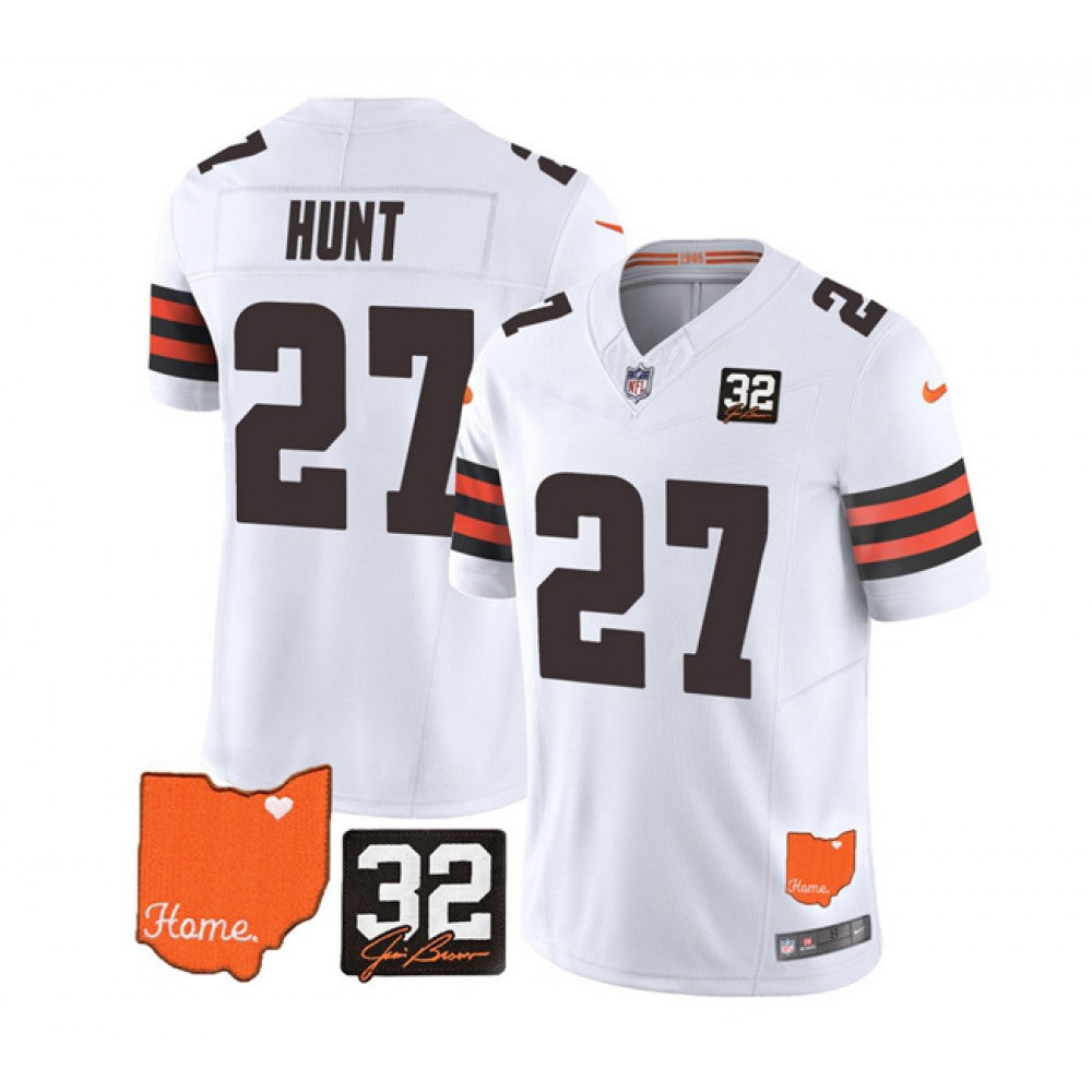 Men's Cleveland Browns #27 Kareem Hunt White 2023 F.U.S.E. With Jim Brown Memorial Patch Vapor Untouchable Limited Stitched Jersey 