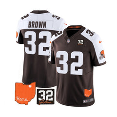 Men's Cleveland Browns #32 Jim Brown Brown/White 2023 F.U.S.E. With Jim Brown Memorial Patch Vapor Untouchable Limited Stitched Jersey 