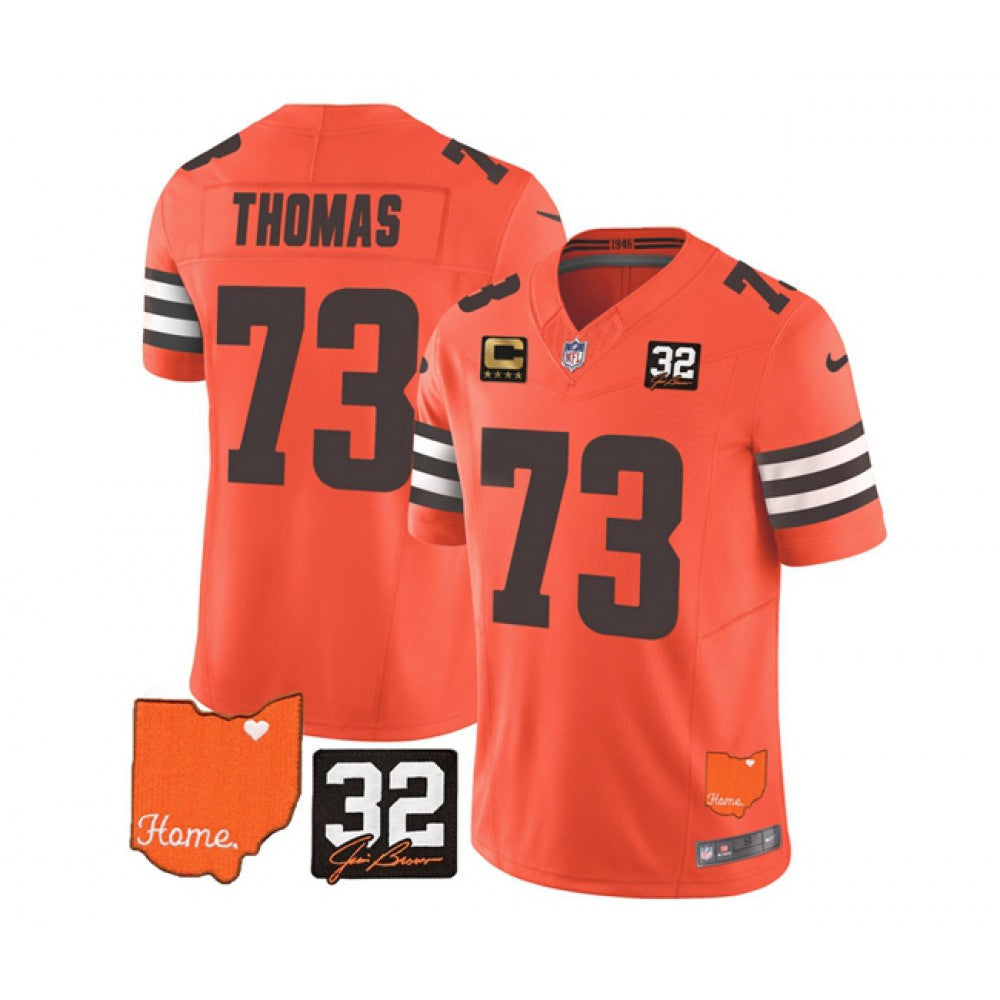 Men's Cleveland Browns #73 Joe Thomas Orange 2023 F.U.S.E. With Jim Brown Memorial Patch And 4-Star C Patch Vapor Untouchable Limited Stitched Jersey 