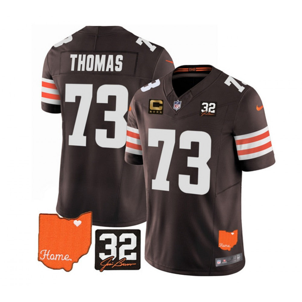 Men's Cleveland Browns #73 Joe Thomas Brown 2023 F.U.S.E. With Jim Brown Memorial Patch And 4-Star C Patch Vapor Untouchable Limited Stitched Jersey 