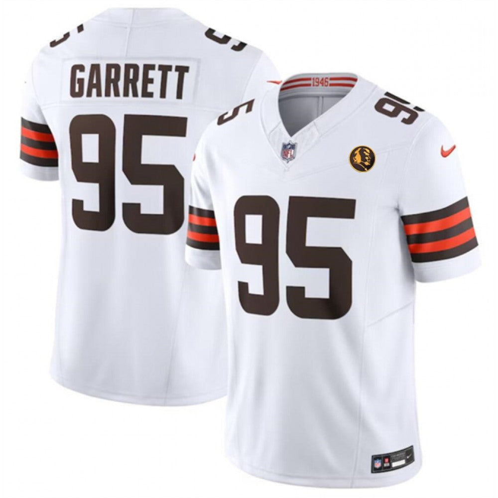 Men's Cleveland Browns #95 Myles Garrett White 2023 F.U.S.E. With John Madden Patch Vapor Limited Stitched Football Jersey 