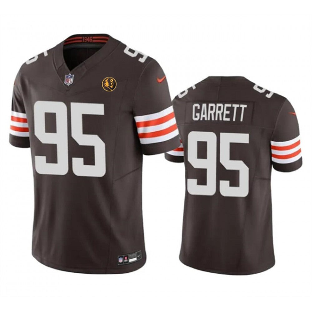 Men's Cleveland Browns #95 Myles Garrett Brown 2023 F.U.S.E. With John Madden Patch Vapor Limited Stitched Football Jersey 