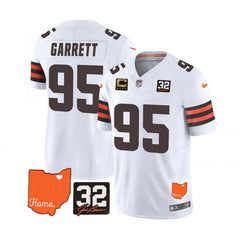 Men's Cleveland Browns #95 Myles Garrett White 2023 F.U.S.E. With Jim Brown Memorial Patch And 4-Star C Patch Vapor Untouchable Limited Stitched Jersey 