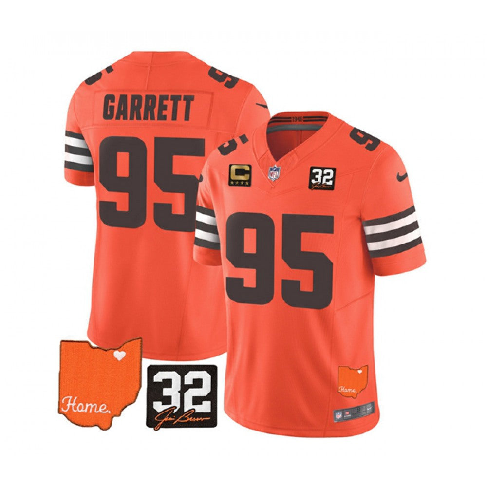 Men's Cleveland Browns #95 Myles Garrett Orange 2023 F.U.S.E. With Jim Brown Memorial Patch And 4-Star C Patch Vapor Untouchable Limited Stitched Jersey 