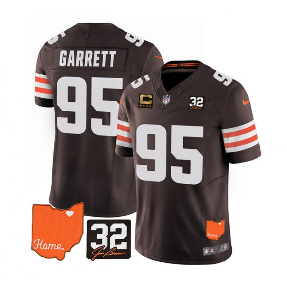 Men's Cleveland Browns #95 Myles Garrett Brown 2023 F.U.S.E. With Jim Brown Memorial Patch And 4-Star C Patch Vapor Untouchable Limited Stitched Jersey 