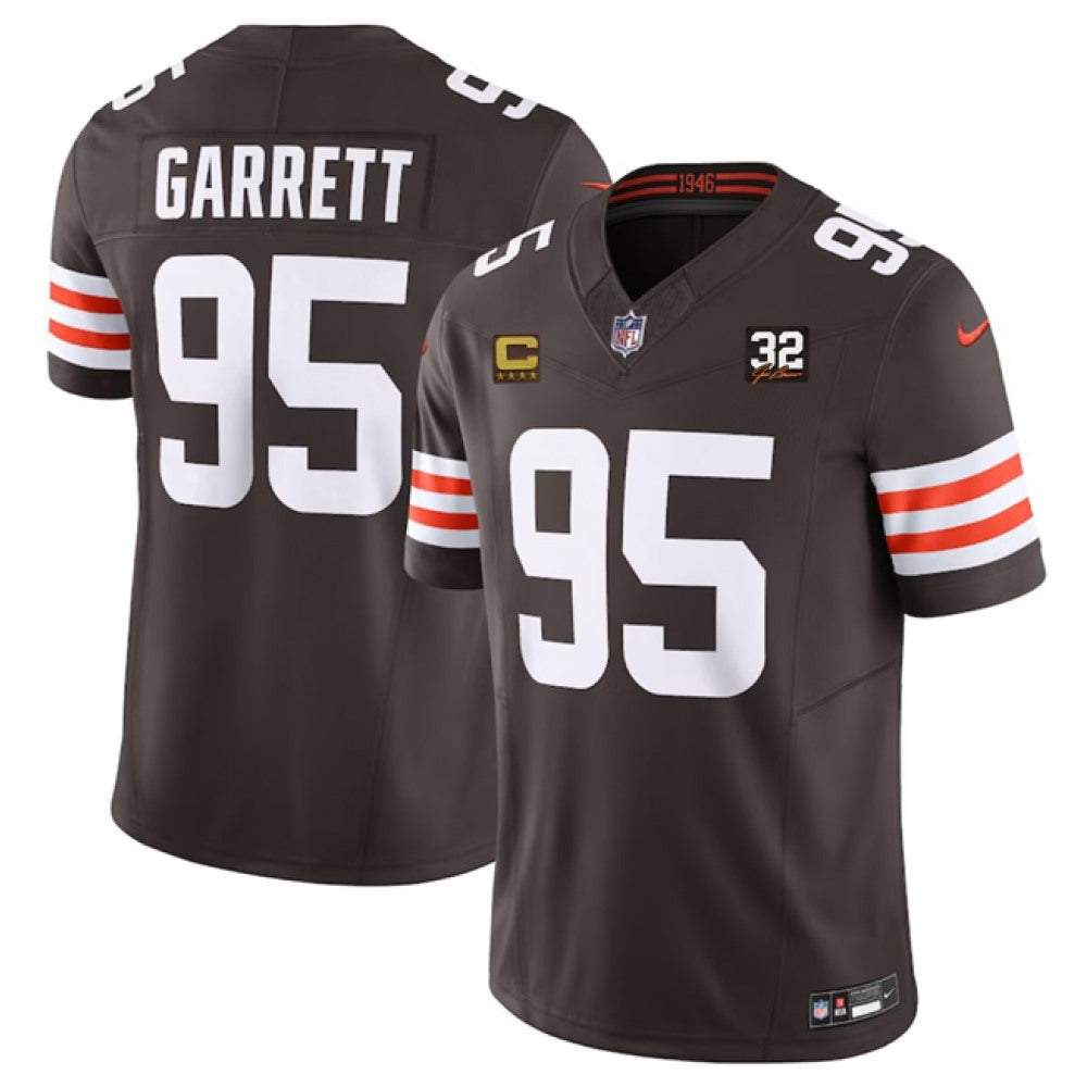 Men's Cleveland Browns #95 Myles Garrett Brown 2023 F.U.S.E. With 4-Star C Patch And Jim Brown Memorial Patch Vapor Untouchable Limited Stitched Jersey 
