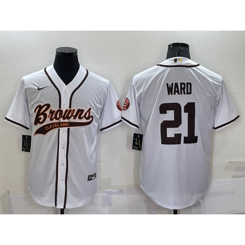 Men's Cleveland Browns #21 Denzel Ward White With Patch Cool Base Stitched Baseball Jersey 