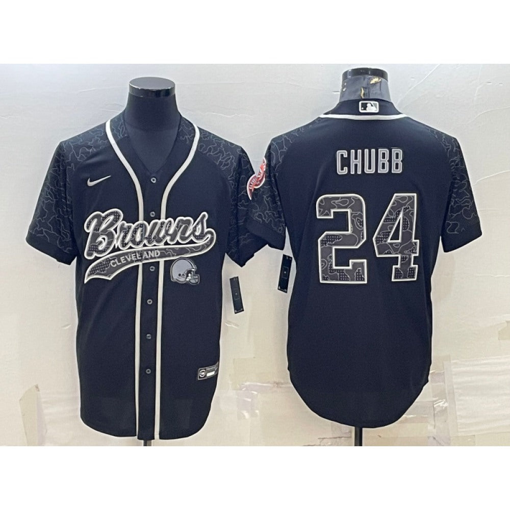 Men's Cleveland Browns #24 Nick Chubb Black Reflective With Patch Cool Base Stitched Baseball Jersey 