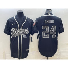 Men's Cleveland Browns #24 Nick Chubb Black Reflective With Patch Cool Base Stitched Baseball Jersey 