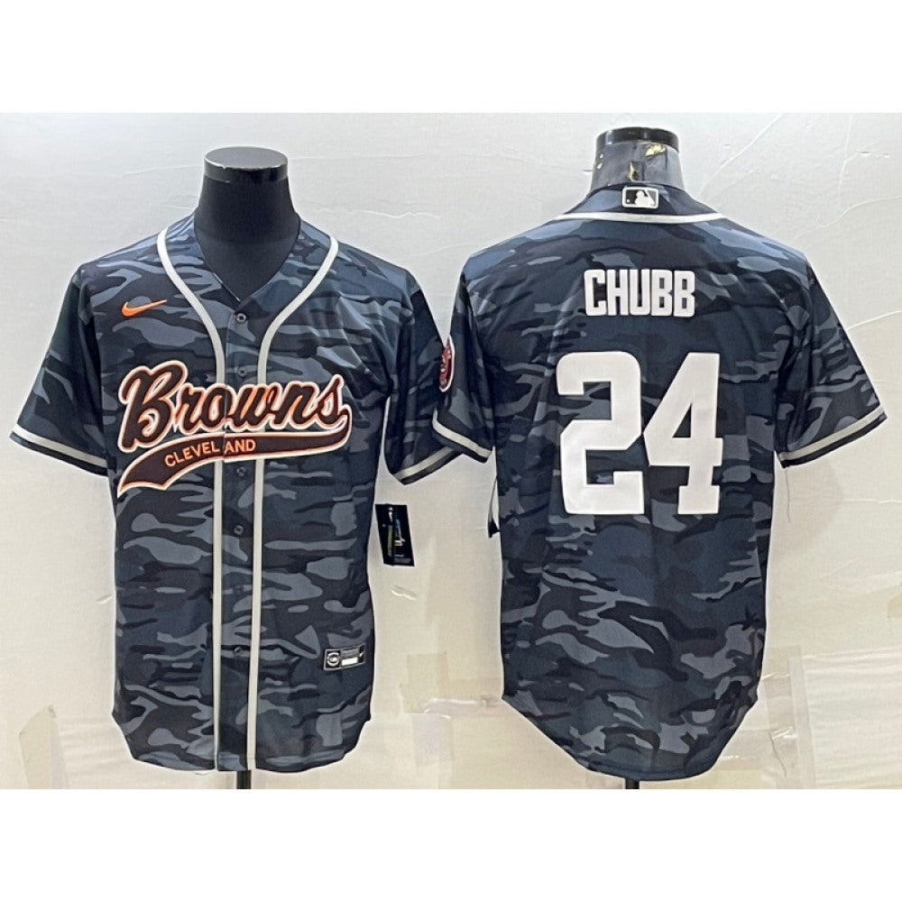 Men's Cleveland Browns #24 Nick Chubb Grey Camo With Patch Cool Base Stitched Baseball Jersey 