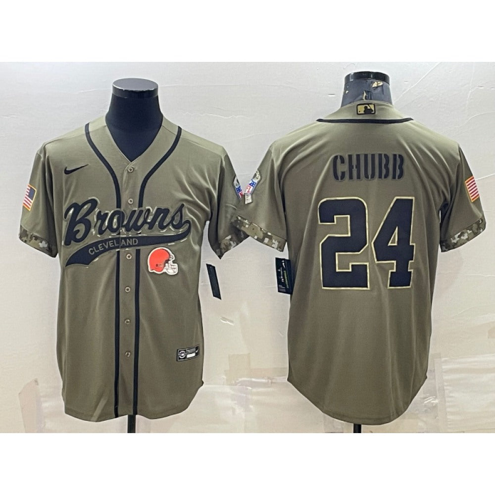 Men's Cleveland Browns #24 Nick Chubb Olive 2022 Salute To Service Cool Base Stitched Baseball Jersey 