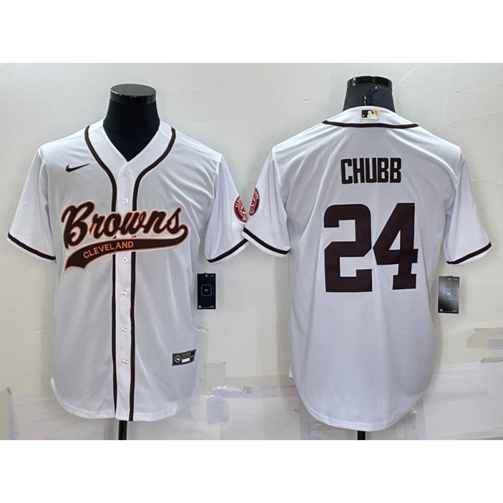 Men's Cleveland Browns #24 Nick Chubb White With Patch Cool Base Stitched Baseball Jersey 
