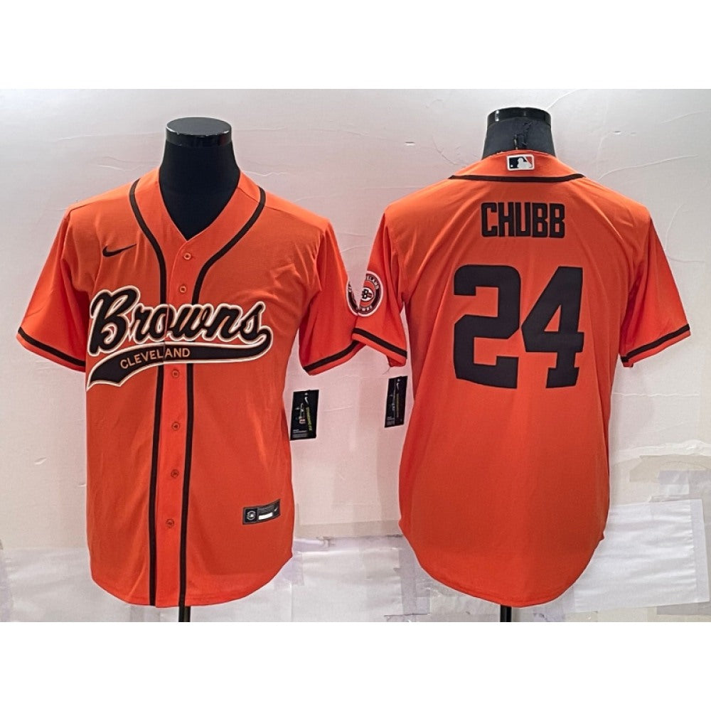 Men's Cleveland Browns #24 Nick Chubb Orange Cool Base Stitched Baseball Jersey 