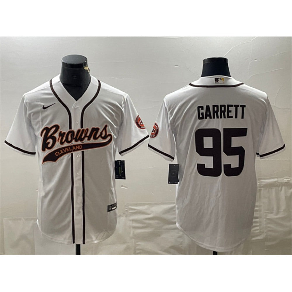 Men's Cleveland Browns #95 Myles Garrett White With Patch Cool Base Stitched Baseball Jersey 