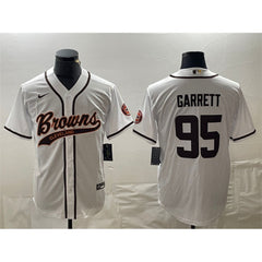 Men's Cleveland Browns #95 Myles Garrett White With Patch Cool Base Stitched Baseball Jersey 