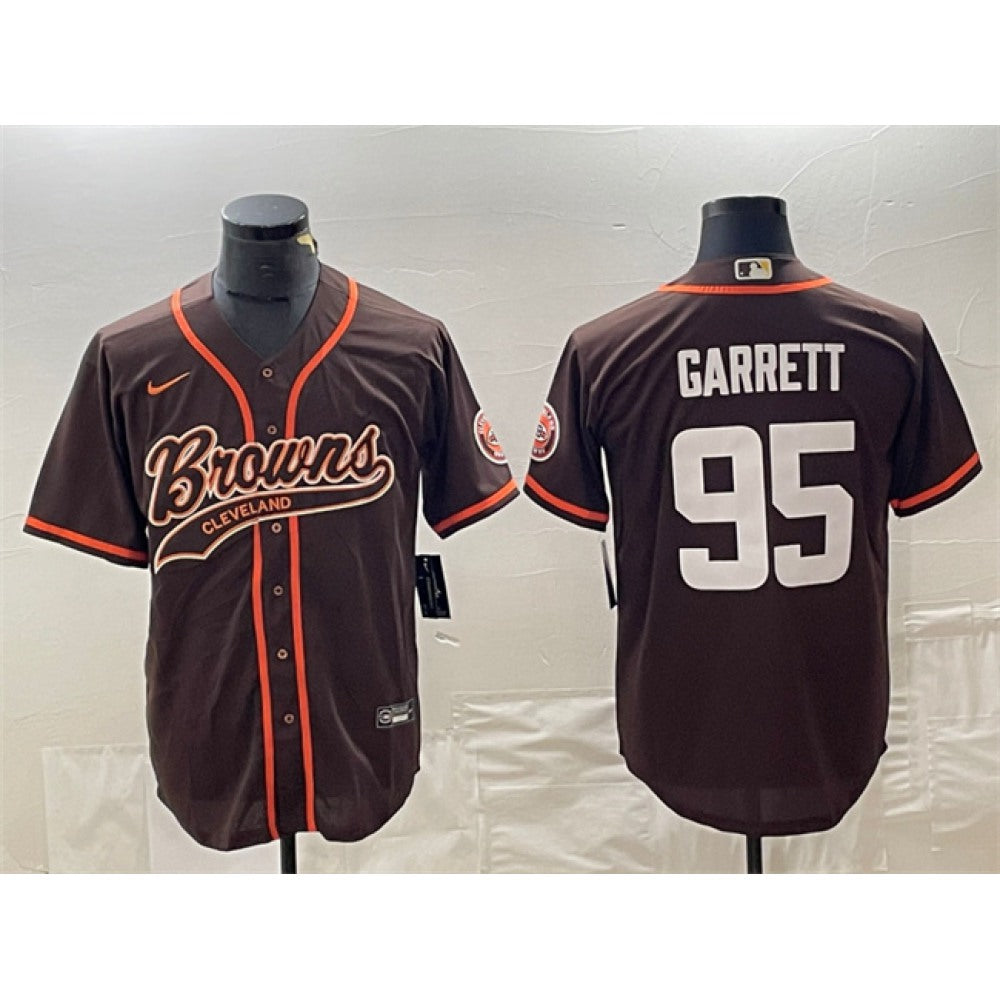 Men's Cleveland Browns #95 Myles Garrett Brown With Patch Cool Base Stitched Baseball Jersey 